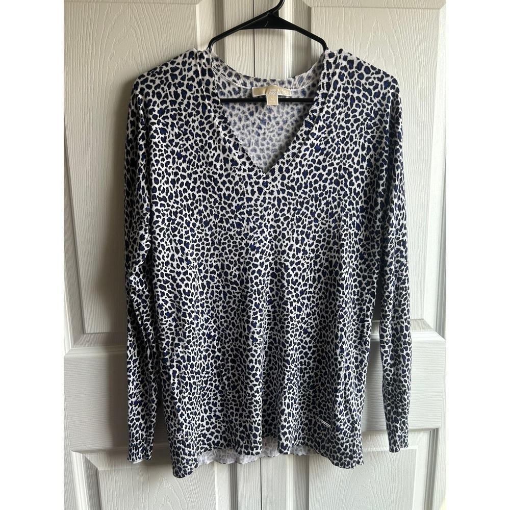Michael Kors Leopard Print Long Sleeve V-Neck Sweater Top Size M Blue White